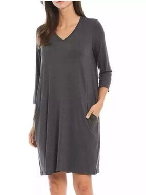 Eileen Fisher V-Neck Pocket Stretch Jersey Gray Relaxed Shift Dress Size XS
